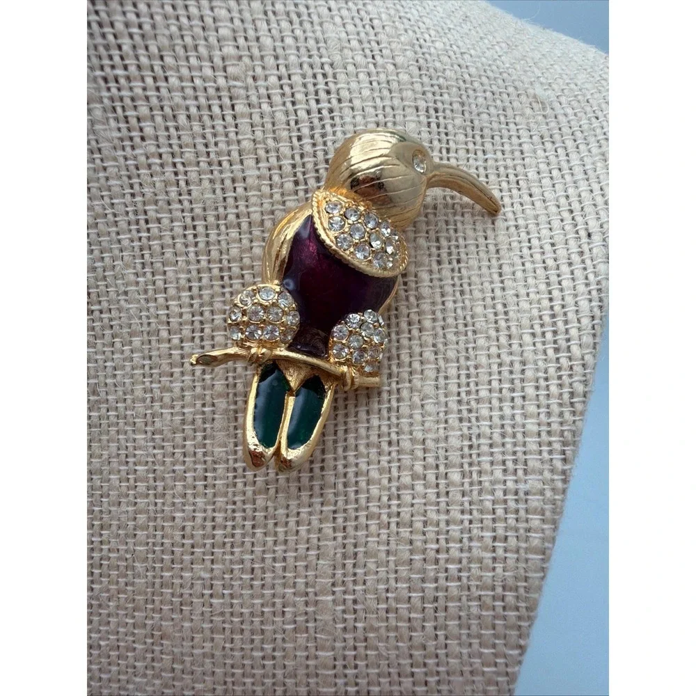 Vintage Style Rhinestone‎ Enamel Hummingbird Colorful Goldtone 2